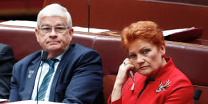 FILE PHOTO:Senators Brian Burston and Pauline Hanson during debate in the Senate,at Parliament House in Canberra on Tuesday 28 November 2017. fedpol Photo:Alex Ellinghausen