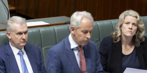 Immigration Minister Andrew Giles (centre) and Home Affairs Minister Clare O’Neil (right) in parliament pushing through the migration amendment in the wake of the High Court decision,as Leader of the House Tony Burke listens in. 