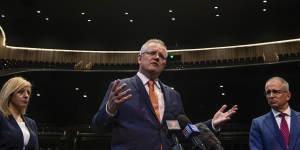 Prime Minister Scott Morrison and Arts Minister Paul Fletcher at Sydney Coliseum Theatre,Rooty Hill RSL.