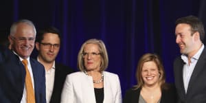 Malcolm Turnbull with wife Lucy Turnbull,son Alex Turnbull,daughter Daisy Turnbull Brown and her then-husband James Brown in 2016. 