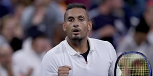 Nick Kyrgios celebrates his first-round win at the US Open.