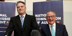 National Commission of Audit chair Tony Shepherd joins in the laughter as Finance Minister Mathias Cormann says"I'll be back"while addressing the media at the release of the National Commission of Audit report.