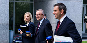 Finance Minister Katy Gallagher,Anthony Albanese and Jim Chalmers with the 2022 federal budget. Without reform,it may be one of the last budgets to end up in surplus.