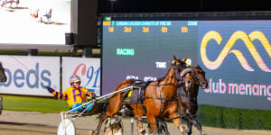 Kate Gath drives Catch A Wave to the front in the final stages of the Chariots Of Fire at Menangle on Saturday.