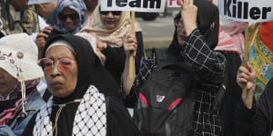 Protesters march against the Israeli team’s participation in the FIFA U-20 World Cup in Jakarta,Indonesia,on Monday.