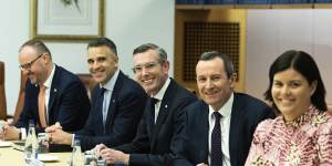 ACT Chief Minister Andrew Barr,SA Premier Peter Malinauskas,NSW Premier Dominic Perrottet,WA Premier Mark McGowan and NT Chief Minister Natasha Fyles at the start of Friday’s national cabinet meeting.
