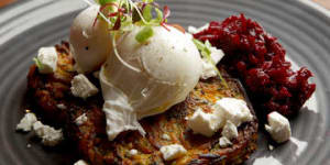 Zucchini fritters and poached eggs at Millstone Pattiserie.
