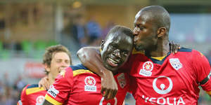 Awer Mabil (left) with Bruce Djite,during his early days with Adelaide United.