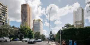 The building - as seen from the Double Bay side of New South Head Road - would be the tallest in the eastern suburbs. Ranelagh is on the right.