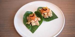 Spanner crab,betel leaf,green chilli chutney and roasted pineapple at Tonka.