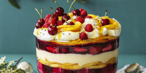 Mango and berry trifle with cranberry jelly.