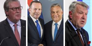 Alexander Downer,Tony Abbott with Hungary PM Viktor Orban,Mark Higgie.