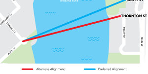 The proposed bridge would connect Alice and Edward streets and Scott Street or Thornton Street in Kangaroo Point.