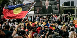 Crowds of people gathered on the lawns in front of Old Parliament House to listen to Rudd's speech.