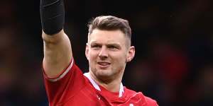 Wales player Dan Biggar waves to the crowd after his 100th Test.