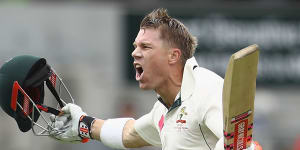 David Warner celebrates a century before lunch on the first day of the SCG Test in 2017.