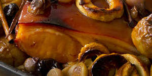 Cider-braised smoked bacon with apples and prunes.