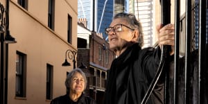 Visiting French architects Anne Lacaton and Jean-Phillipe Vassal in the Rocks in Sydney. Winners of the Pritzker Prize in 2021,the world’s most influential prize,hey are here to talk at workshops on public housing at Sydney University as part of the Rothwell Chair symposium on affordable housing. 