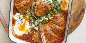 Shakshuka meets savoury bread-and-butter pudding in this bake-and-take brunch dish.