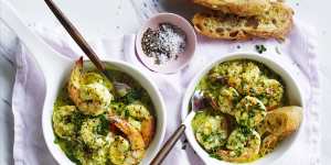 Adam Liaw's creamy pesto prawns.