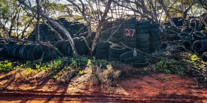 One of dozens of waste tyre piles Colin Thomson hid among the mallee scrub.