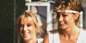 Fleur Thiemeyer on the set of the Physical video with Olivia Newton-John.