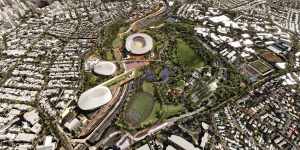 From top,Archipelago’s proposed Olympic stadium,new indoor aquatic centre (adjacent to the existing outdoor Centenary Pool) and new arena at Victoria Park. Previous renders included an athletes’ village.