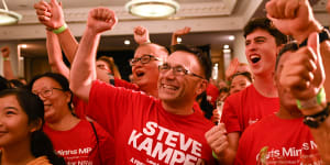 Labor supporters react to positive results in the NSW state election at Chris Minns’ Labor Party reception at the Novotel Hotel in Brighton-Le-Sands