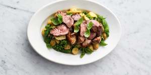 Jamie Oliver's pan-seared lamb with basil,new potatoes and pesto.