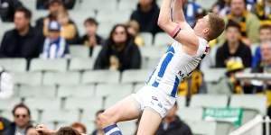Jack Ziebell takes a hanger in his final game for North Melbourne.