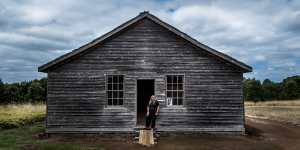 Gunditjmara elder Aunty Donna Wright outside the old dormitory at Lake Condah Mission. Aunty Donna’s mother Eunice Wright and her sister Gloria were stolen while walking home from school to the mission in 1954.