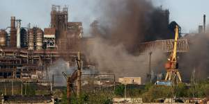 Smoke rises from the Metallurgical Combine Azovstal in Mariupol during shelling on Saturday.