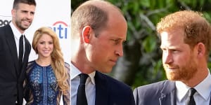 From left:Singer Shakira,pictured with former husband,Gerard Pique,and Princes William and Harry,have used,respectively,a “diss track” and a media trial,to strike back at family members.