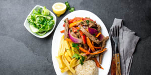 Lomo saltado,a stir-fry with beef,onions,tomatoes,chips and rice is a local favourite.