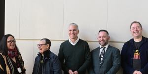 (left to right) Curator Tina Baum with artists r e a,Christopher Pease,Bruce Johnson McLean,National Gallery Assistant Director,First Nations Engagement and Nathan Pōhio,Senior Curator,Māori Art,Auckland Art Gallery at the opening of Ever Present:First Peoples Art of Australia at Auckland Art Gallery Toi o Tāmaki,2023.