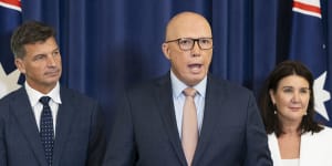 Shadow treasurer Angus Taylor,Opposition Leader Peter Dutton and opposition finance spokesperson Jane Hume at a press conference at Parliament House on Tuesday.