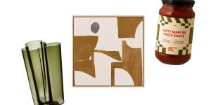 “Aalto” vase;“Contour Study No 2″ art print;“Dirty Martini” pasta sauce. 