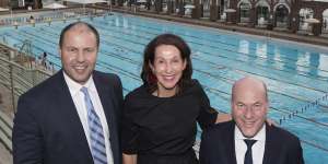 Treasurer Josh Frydenberg,North Sydney mayor Jilly Gibson and North Shore federal MP Trent Zimmerman at North Sydney Pool in 2019.