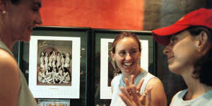 Cheryl Salisbury,Sharon Black and Traci Bartlett at the launch of the Matildas fundraiser calendar taken 20 years ago. 