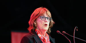Lisa Fitzpatrick,the Victorian branch secretary of the Australian Nurses and Midwifery Federation,speaks at Festival Hall.