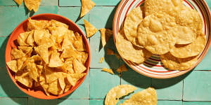 A tostada (right) is simply a deep-fried corn tortilla,and can be bought from specialty grocers.