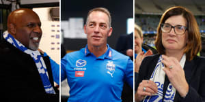 North Melbourne chief executive Ben Amarfio,coach Alastair Clarkson and president Sonja Hood.