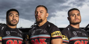 Penrith’s fearsome front-rowers Moses Leota,James Fisher-Harris and Spencer Leniu.