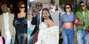 A$AP Rocky in Bottega Veneta leather jeans and an oversized blazer with Rihanna in Danish label Cecilie Bahnsen in New York in October;A$AP Rocky in Gucci with Rihanna wearing Valentino at the Met Gala in May;Rihanna in Loewe rugby top with Louis Vuitton box bag and A$AP Rocky in a Bottega Veneta vest in November.