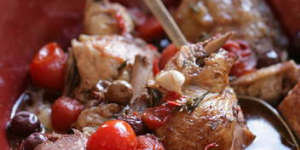 Chicken fricassee with rosemary and cherry tomatoes.