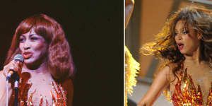 Tina Turner in 1979 performing in a flame dress created by Bob Mackie originally for an appearance on The Sonny and Cher show. Beyoncé wore a replica of the dress to pay tribute to Turner at the 2005 Kennedy Centre Honours.