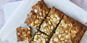 Brown butter macadamia and white chocolate blondies.