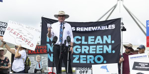 Opposition spokesman for veterans’ affairs Barnaby Joyce at the rally against renewable energy. 