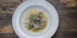 Potato-filled agnolotti with nutmeg,sage and a shower of cheese.
