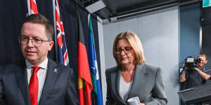 Premier Jacinta Allan and Police Minister Anthony Carbines shortly after announcing police chief Shane Patton’s contract would not be renewed.